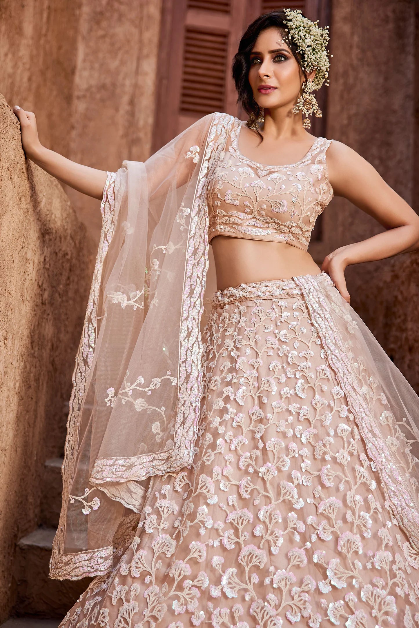 Nude Net Lehenga Choli and Dupatta with Shimmering Sequins Embroidery