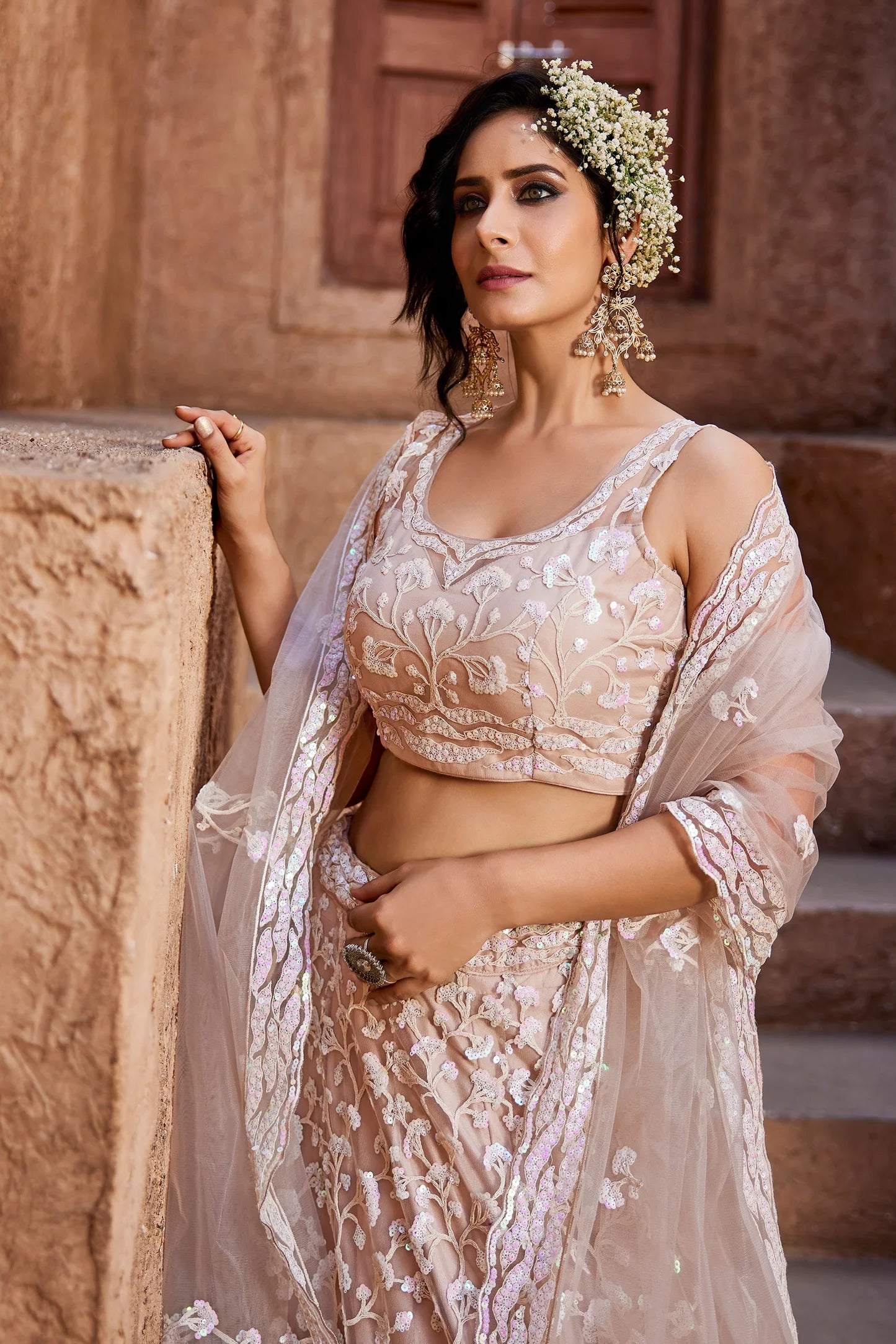 Nude Net Lehenga Choli and Dupatta with Shimmering Sequins Embroidery