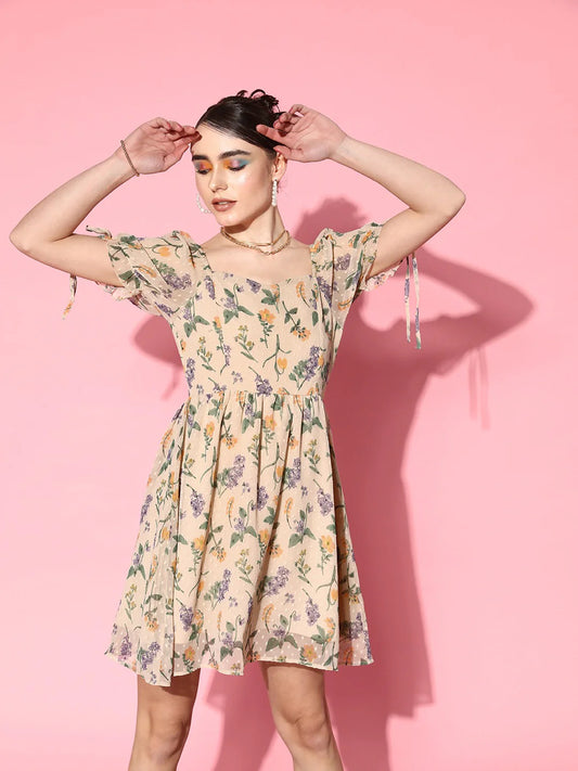 Beige & Multicoloured Floral Printed Sweetheart Neck Tie-Up Georgette Fit & Flare Mini Dress