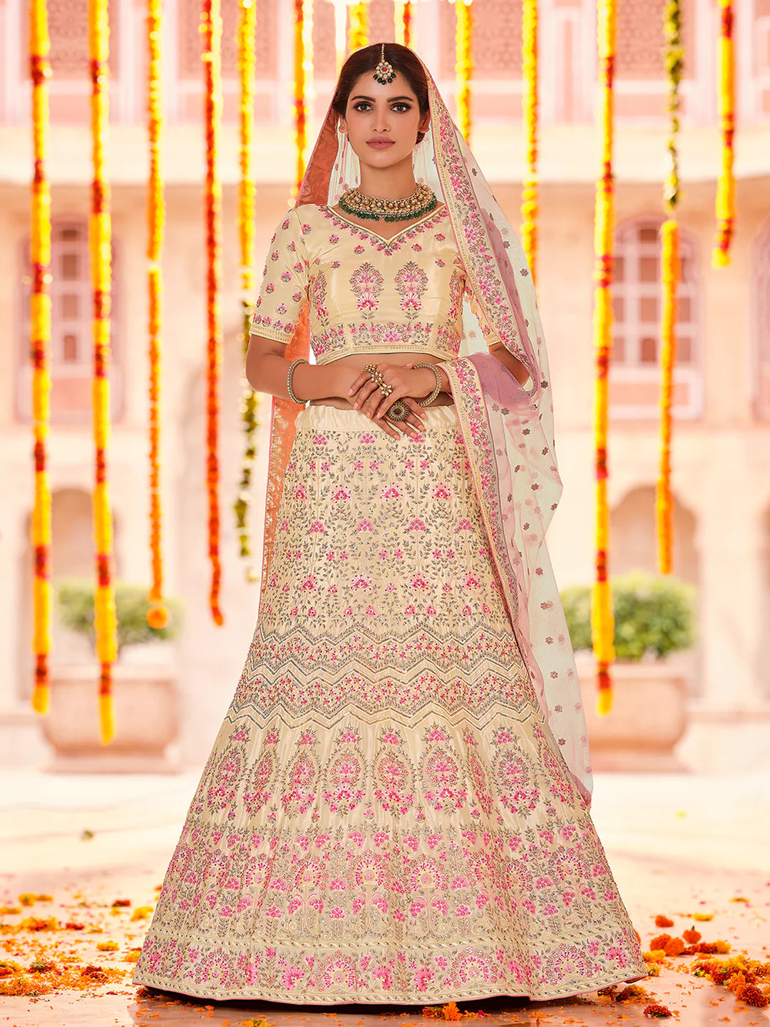 Women Designer Beige Embroidered Crepe Lehenga Semi Stitched with Blouse