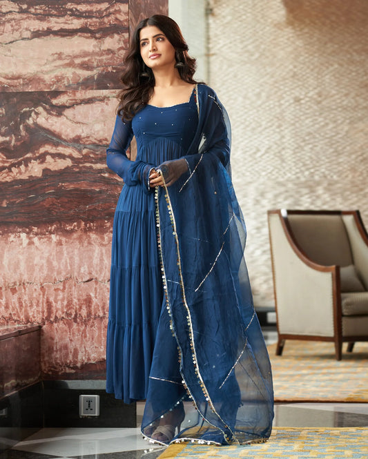 Elegant Aradhna Blue Embroidered Georgette Suit Set with Dupatta for Festive and Wedding Wear
