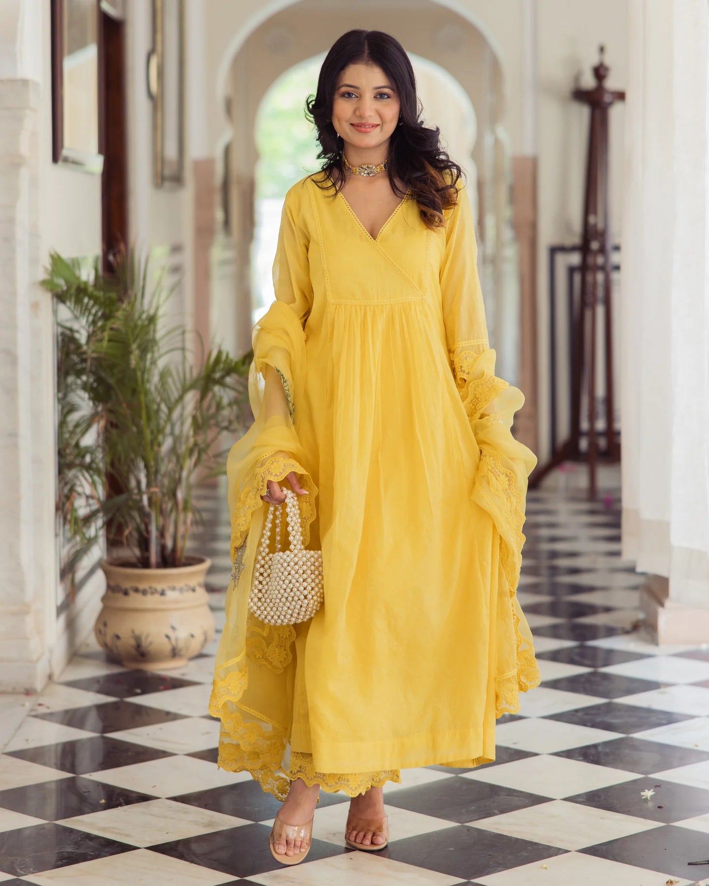 Designer Sakshi Yellow Embroidered Chanderi Anarkali Suit Set with Intricate Detailing