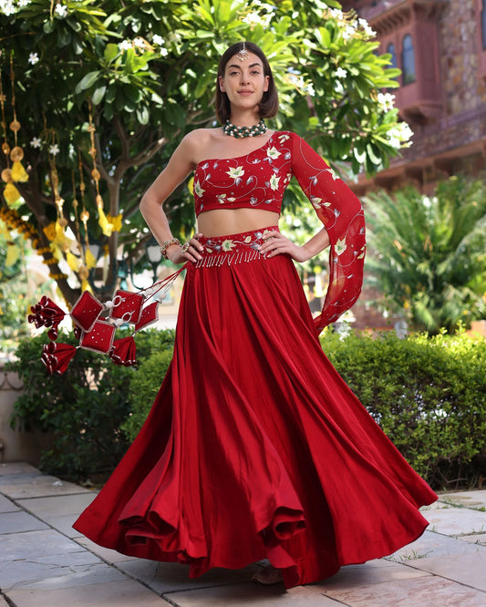 Red Handpainted Satin Lehenga Set Elegant Traditional Outfit for Women