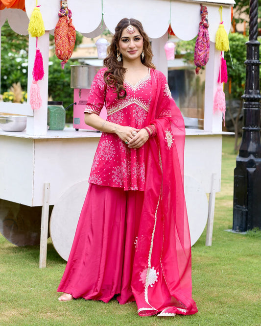 Charming Pink Bandhani Crepe Suit Ensemble with Dupatta for Weddings, Parties and Special Occasions