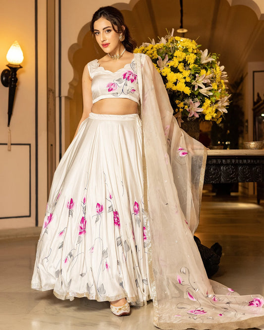Womens Sefid Handpainted Lehenga Set Beautiful Handcrafted Traditional Attire
