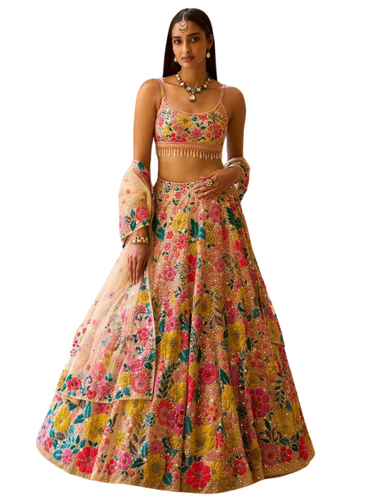 Bridal Georgette Lehenga in Beige and Brown Beautifully Accented with Sequin Work