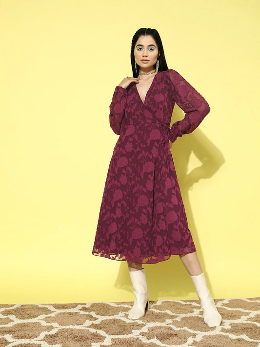 Maroon Floral Pattern V-Neck Bishop Sleeves Jacquard Layered Wrap Midi Dress