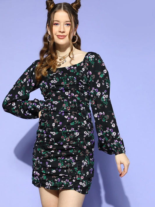 Women Black & Green Floral Printed Square Neck Bishop Sleeve Ruched Sheath Mini Dress