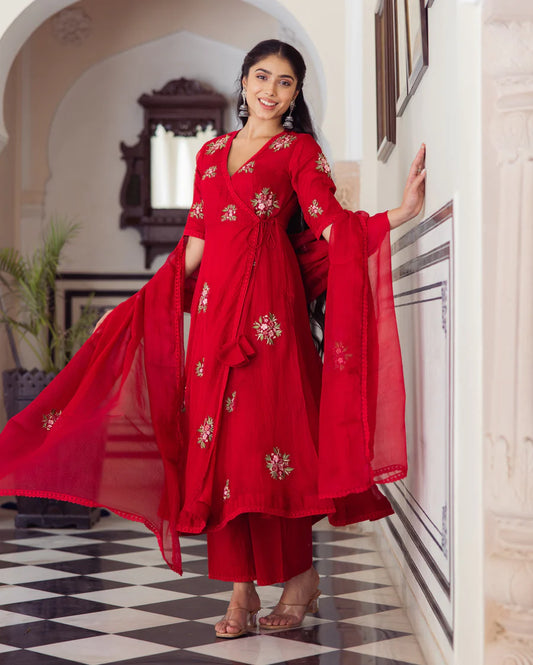 Designer Ruby Red Embroidered Doria Anarkali Suit Set with Exquisite Detailing
