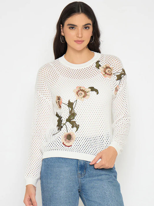Women’s Semi Sheer Off White Embroidered Knitted Top Trendy Everyday Style