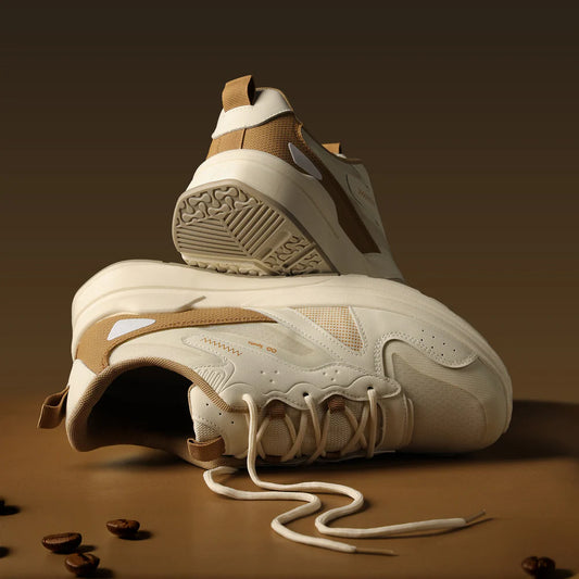 Trendy Lightweight White and Beige Athletic Sneakers for Men with Breathable Design