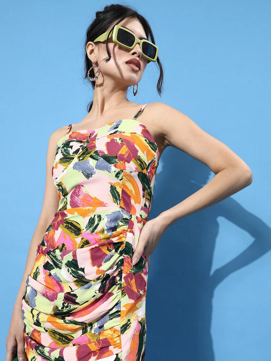 Women Multicoloured Stroke Split Thigh Cami Crepe Midi Dress