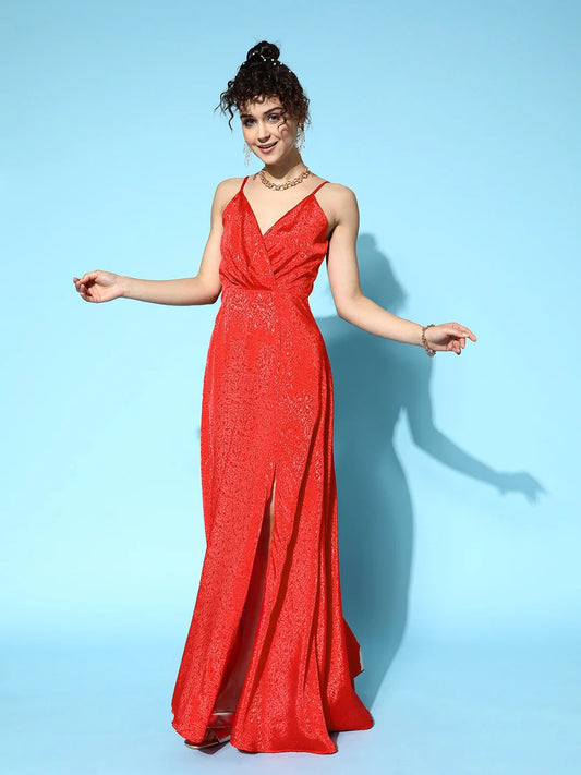 Red Floral Printed V-Neck Sleeveless Crepe Thigh-High Slit Flared Wrap Maxi Dress