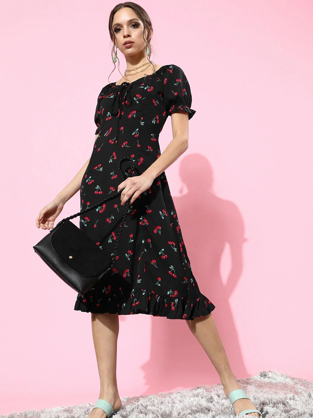 Black & Red Cherry Printed Sweetheart Neck Crepe Ruffled A-Line Midi Dress