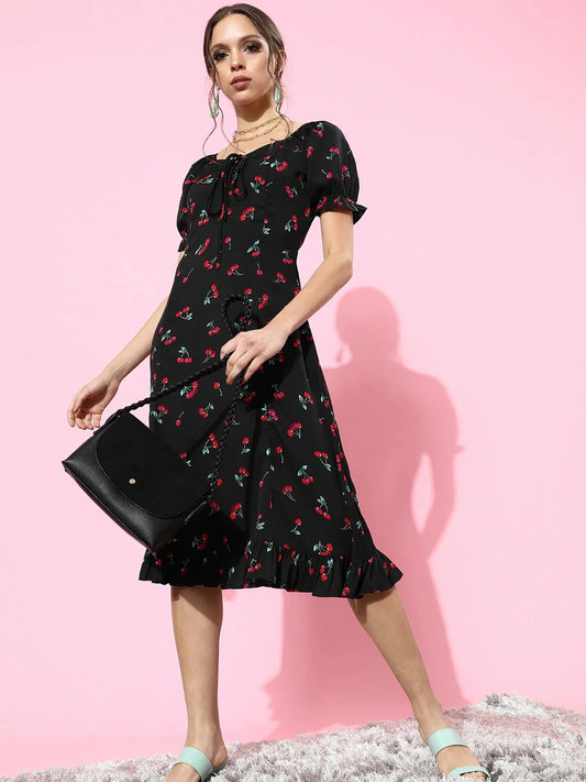 Black & Red Cherry Printed Sweetheart Neck Crepe Ruffled A-Line Midi Dress