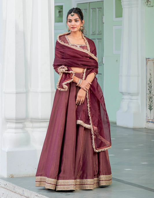 Premium Wine Tissue Lehenga Set with Kalidaar Design