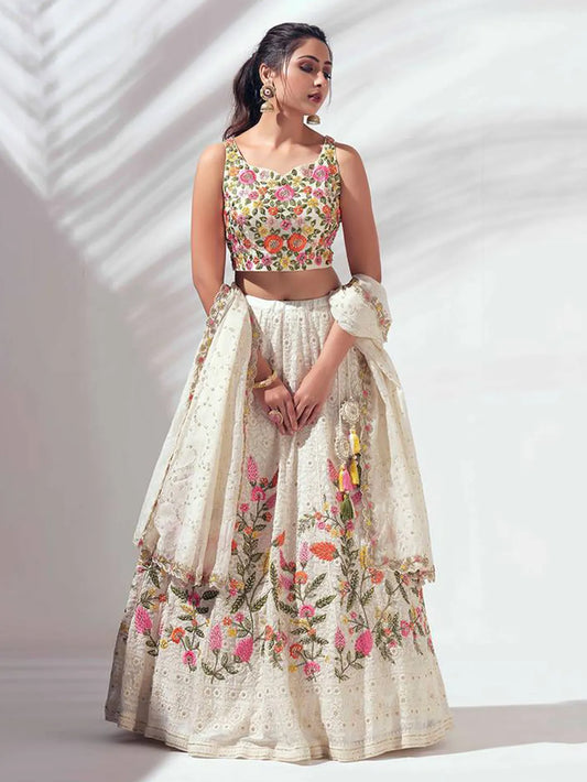 White and Off White Faux Georgette Lehenga with Elegant Embroidered Work