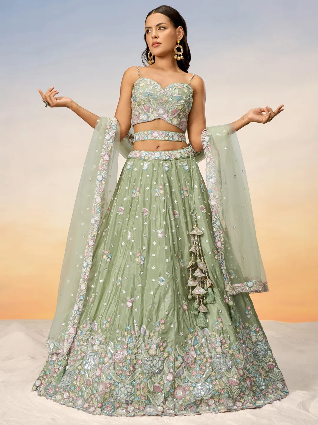Designer Chiffon Lehenga in Green with Intricate Embroidery