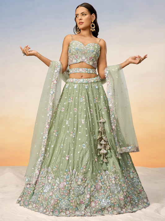 Designer Chiffon Lehenga in Green with Intricate Embroidery