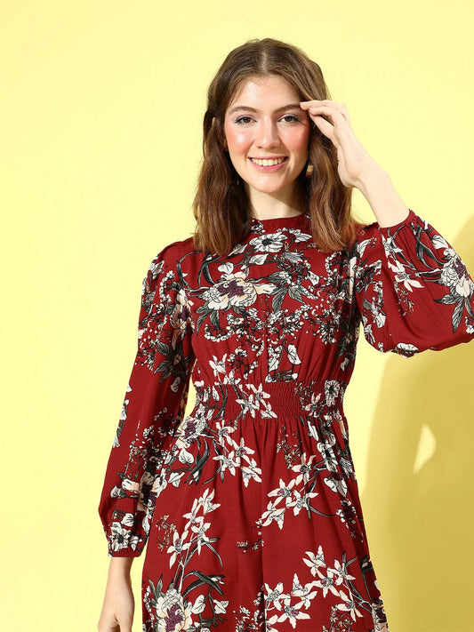 Maroon Floral Printed Mock Neck A-Line Maxi Dress For Women