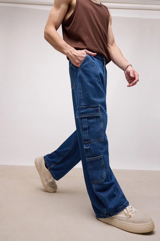 Casual Everyday Indigo Blue Baggy-Fit Men's Cargo Jeans with Modern Straight Legs