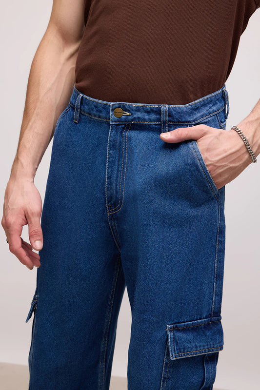 Durable Men's Dense Blue Baggy Cargo Jeans with Utility Pocket Design