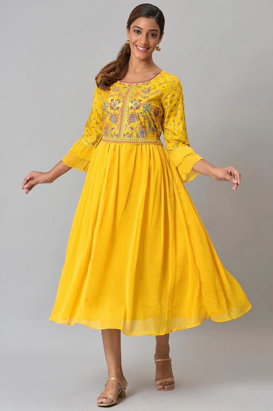 Stylish Yellow Floral Printed Dress with Pleats for Weddings and Parties