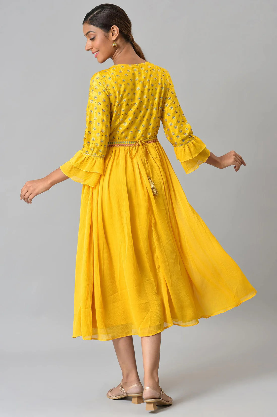 Stylish Yellow Floral Printed Dress with Pleats for Weddings and Parties