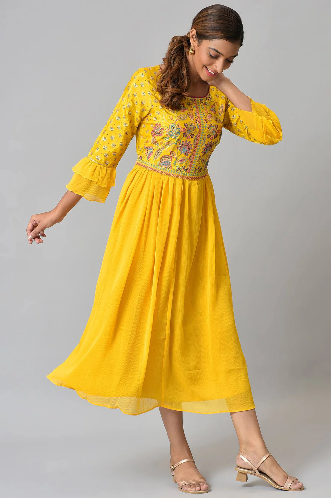 Stylish Yellow Floral Printed Dress with Pleats for Weddings and Parties