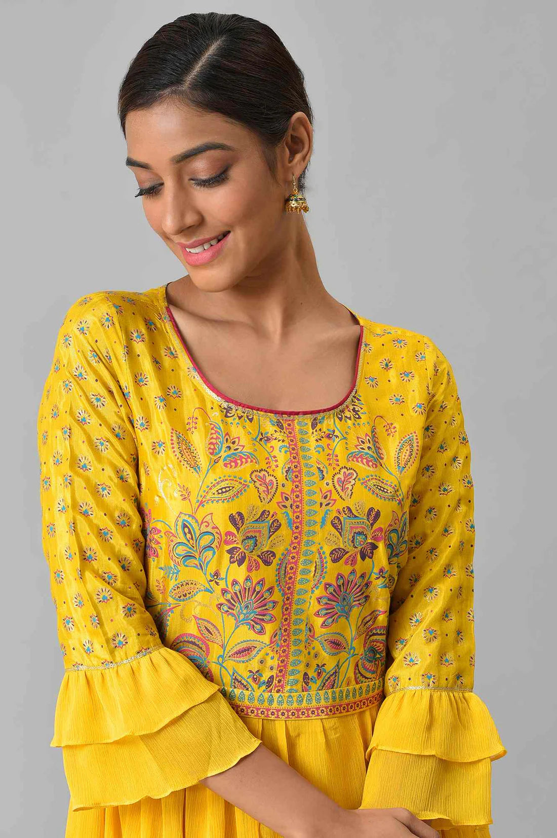 Stylish Yellow Floral Printed Dress with Pleats for Weddings and Parties
