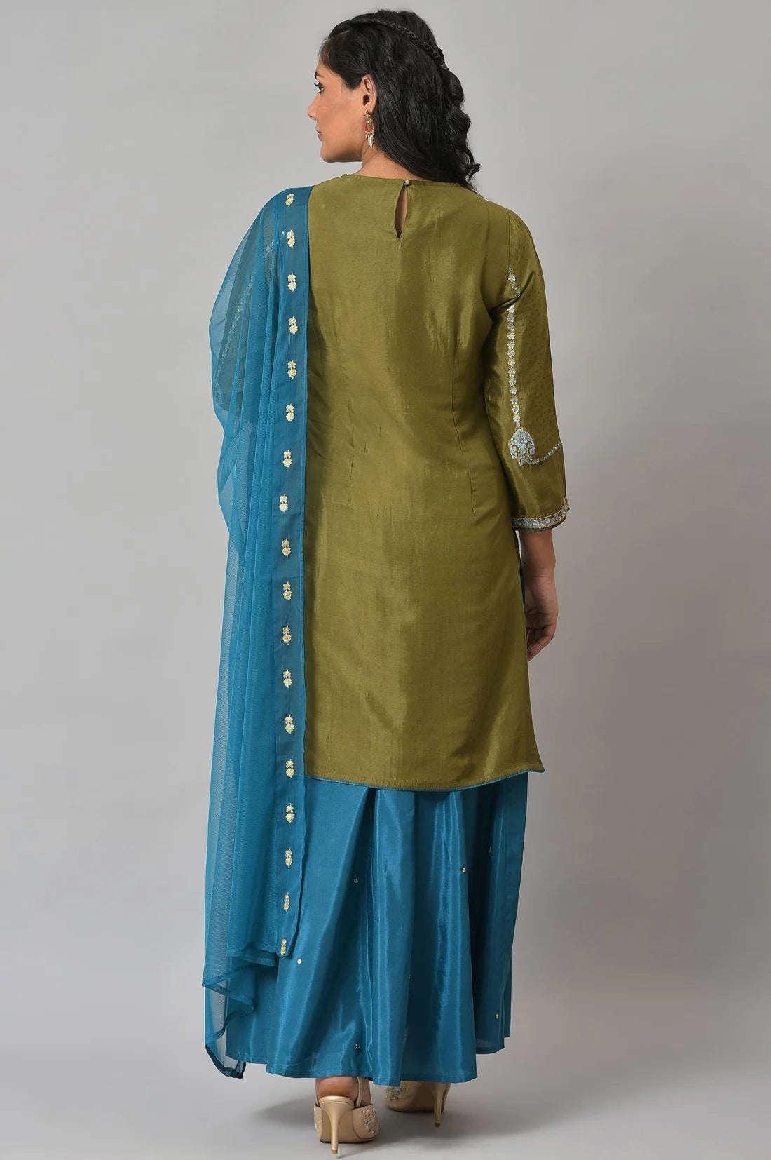 Trendy Women Olive Green Embroidered Kurta with Teal Pants and Dupatta for Parties
