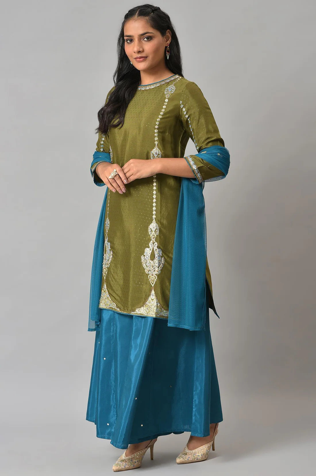 Trendy Women Olive Green Embroidered Kurta with Teal Pants and Dupatta for Parties