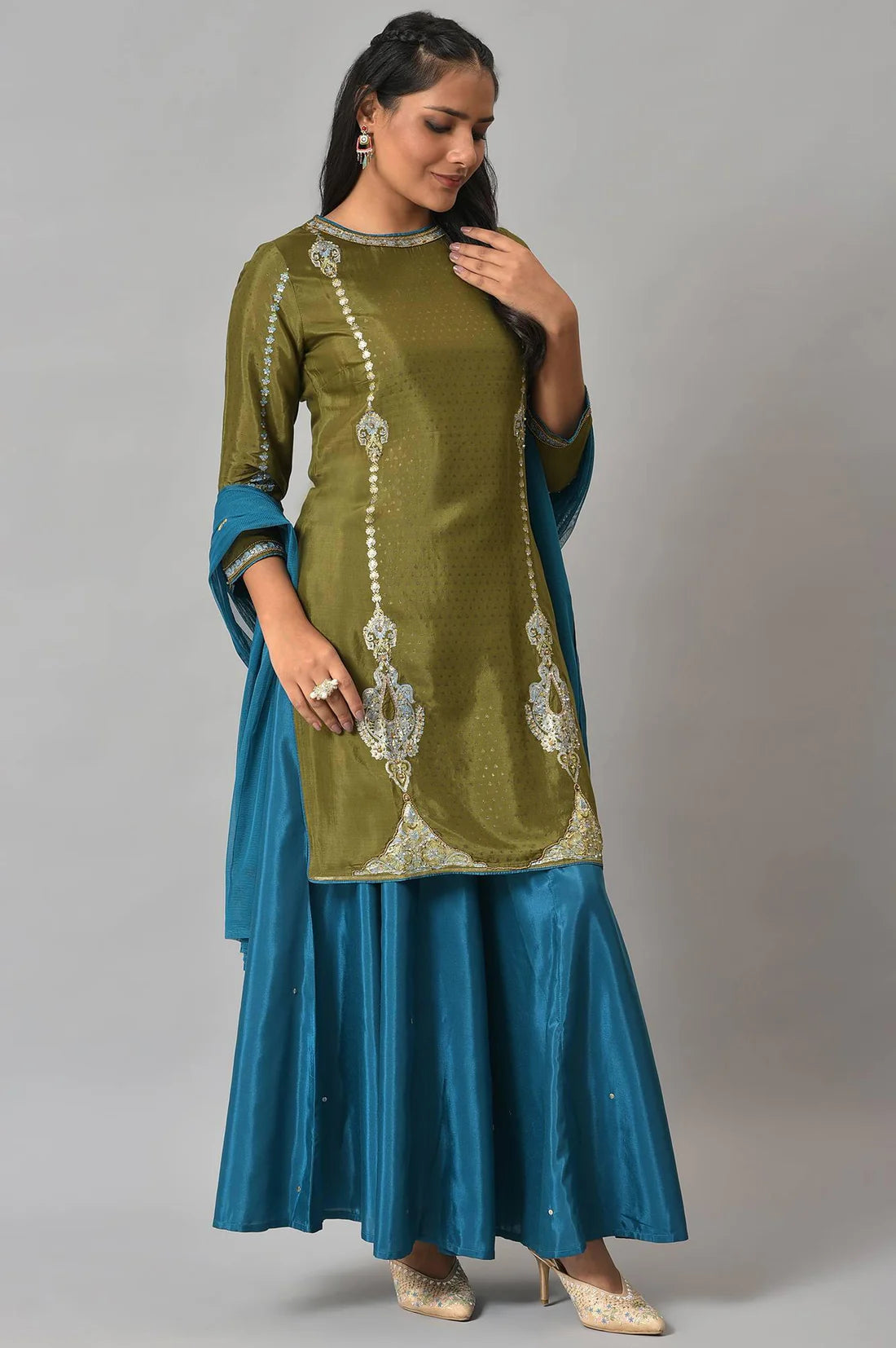 Trendy Women Olive Green Embroidered Kurta with Teal Pants and Dupatta for Parties