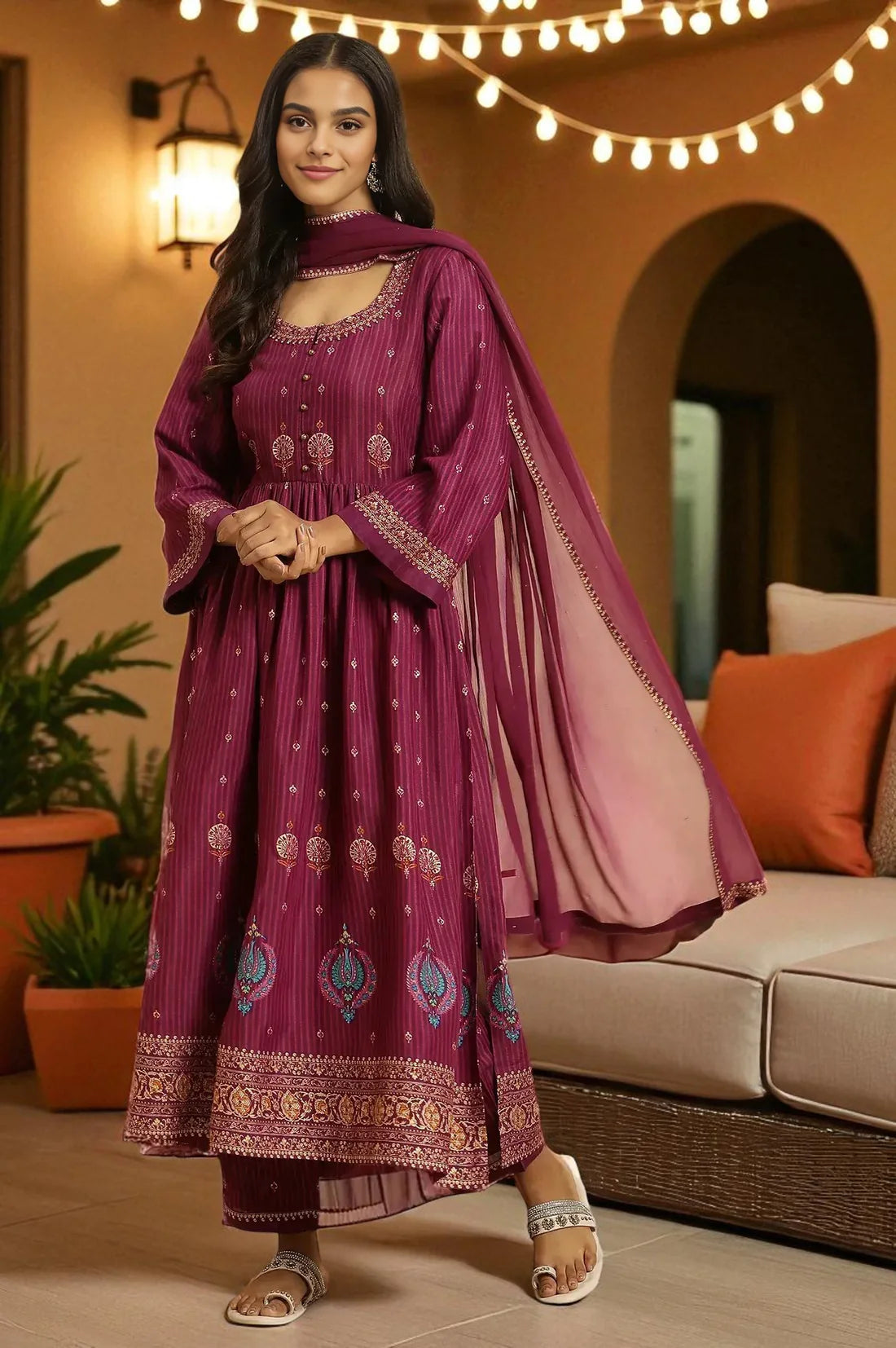 Graceful Purple Embellished Kurta Outfit with Pants and Dupatta Perfect for Weddings and Cultural Events