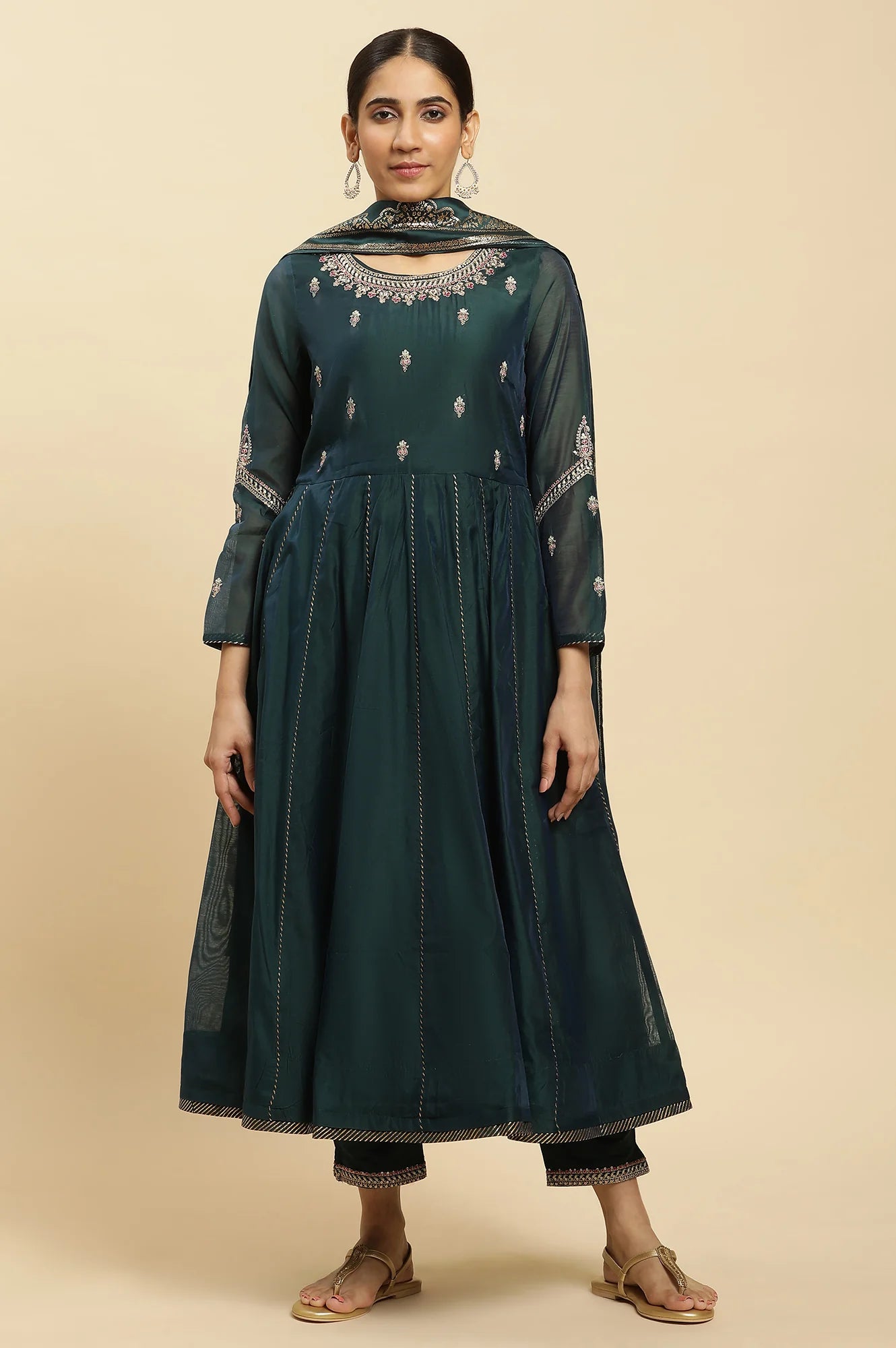 Graceful Green Flared Embroidered Kurta with Dupatta and Pants Ethnic Party and Festival Wear Set
