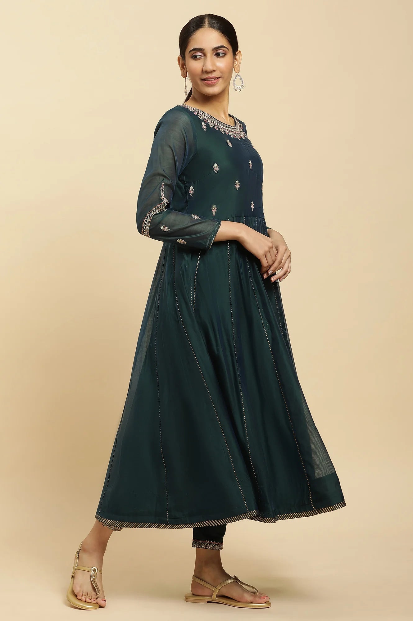 Graceful Green Flared Embroidered Kurta with Dupatta and Pants Ethnic Party and Festival Wear Set