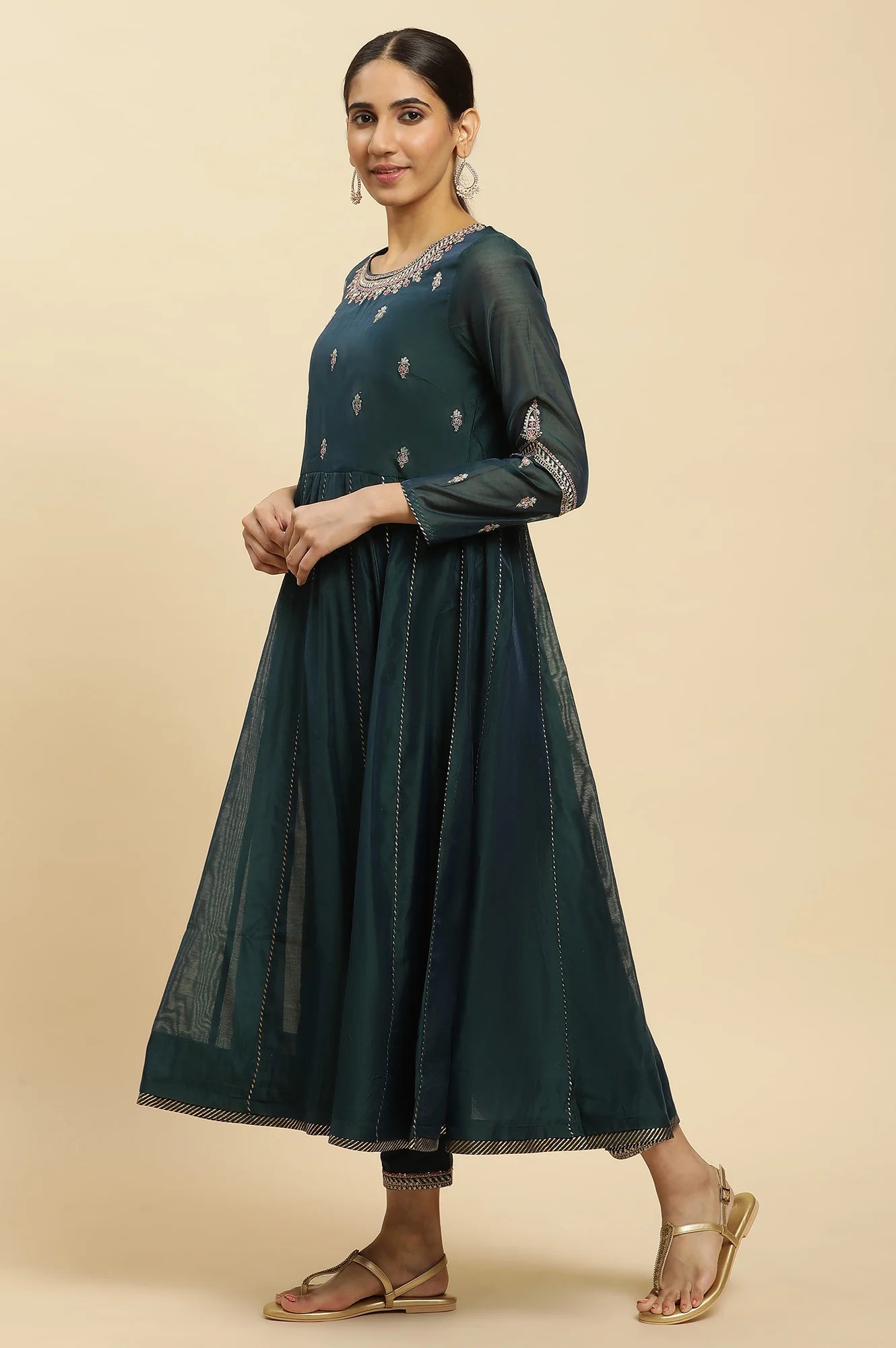 Graceful Green Flared Embroidered Kurta with Dupatta and Pants Ethnic Party and Festival Wear Set