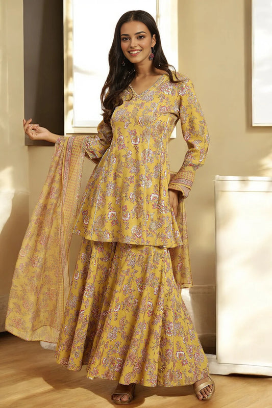 Women Designer Yellow Floral Printed Kurta Sharara Set with Dupatta