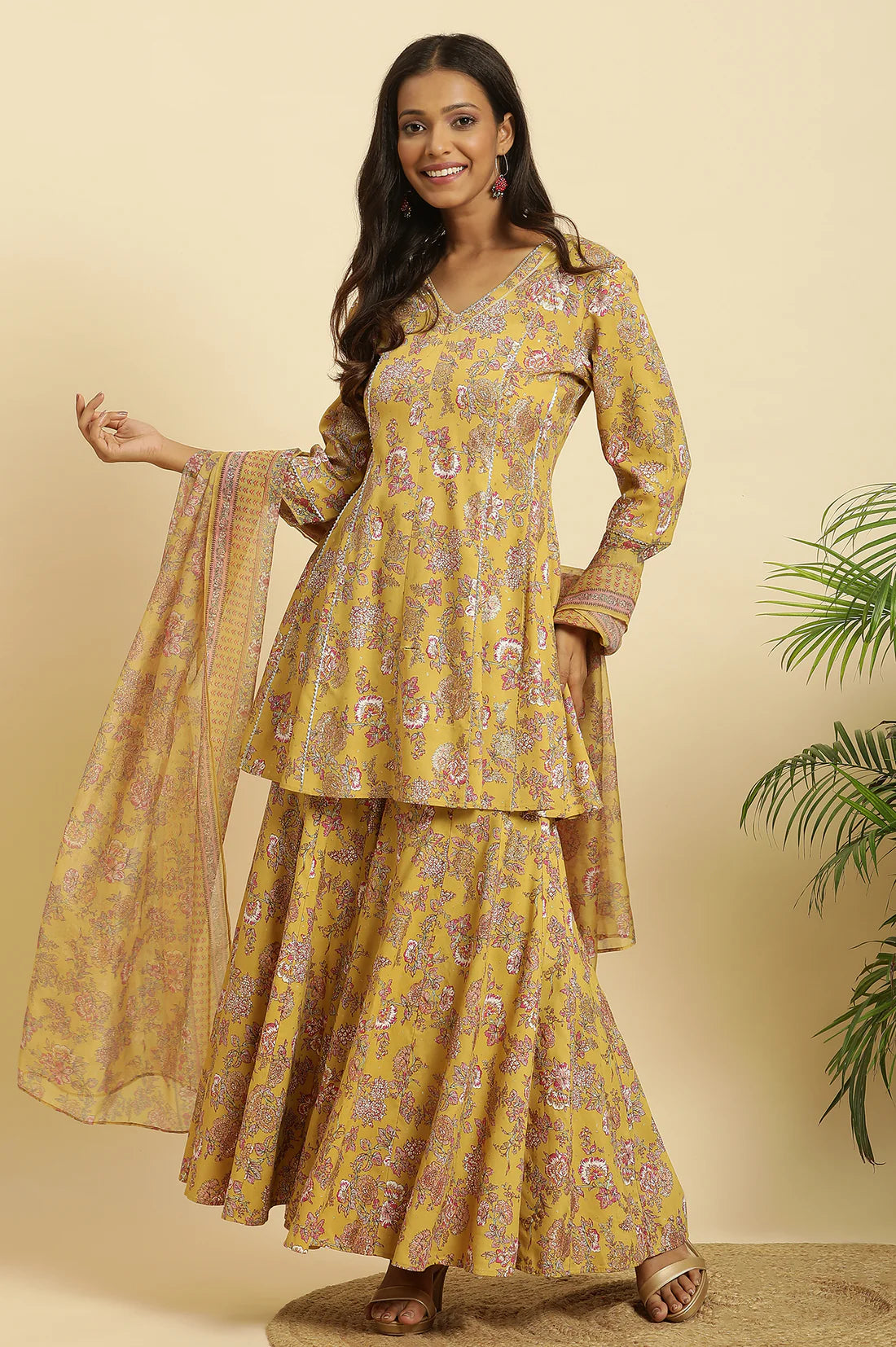 Women Designer Yellow Floral Printed Kurta Sharara Set with Dupatta