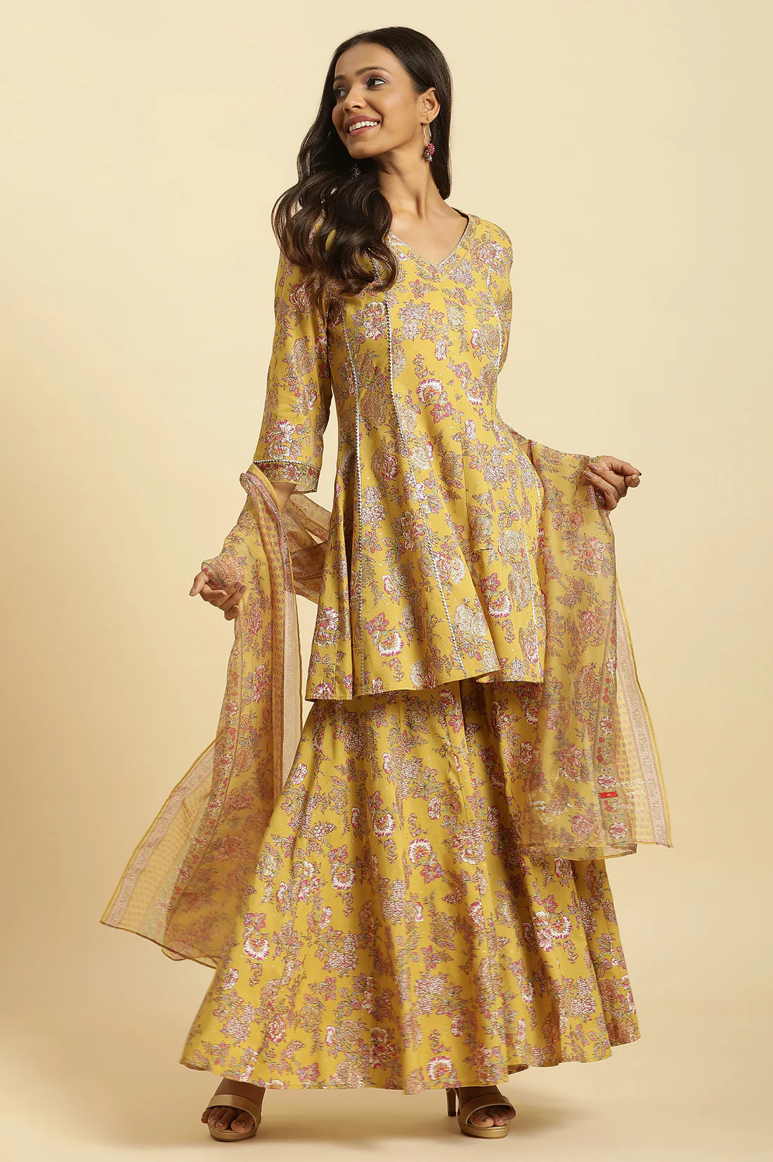 Women Designer Yellow Floral Printed Kurta Sharara Set with Dupatta