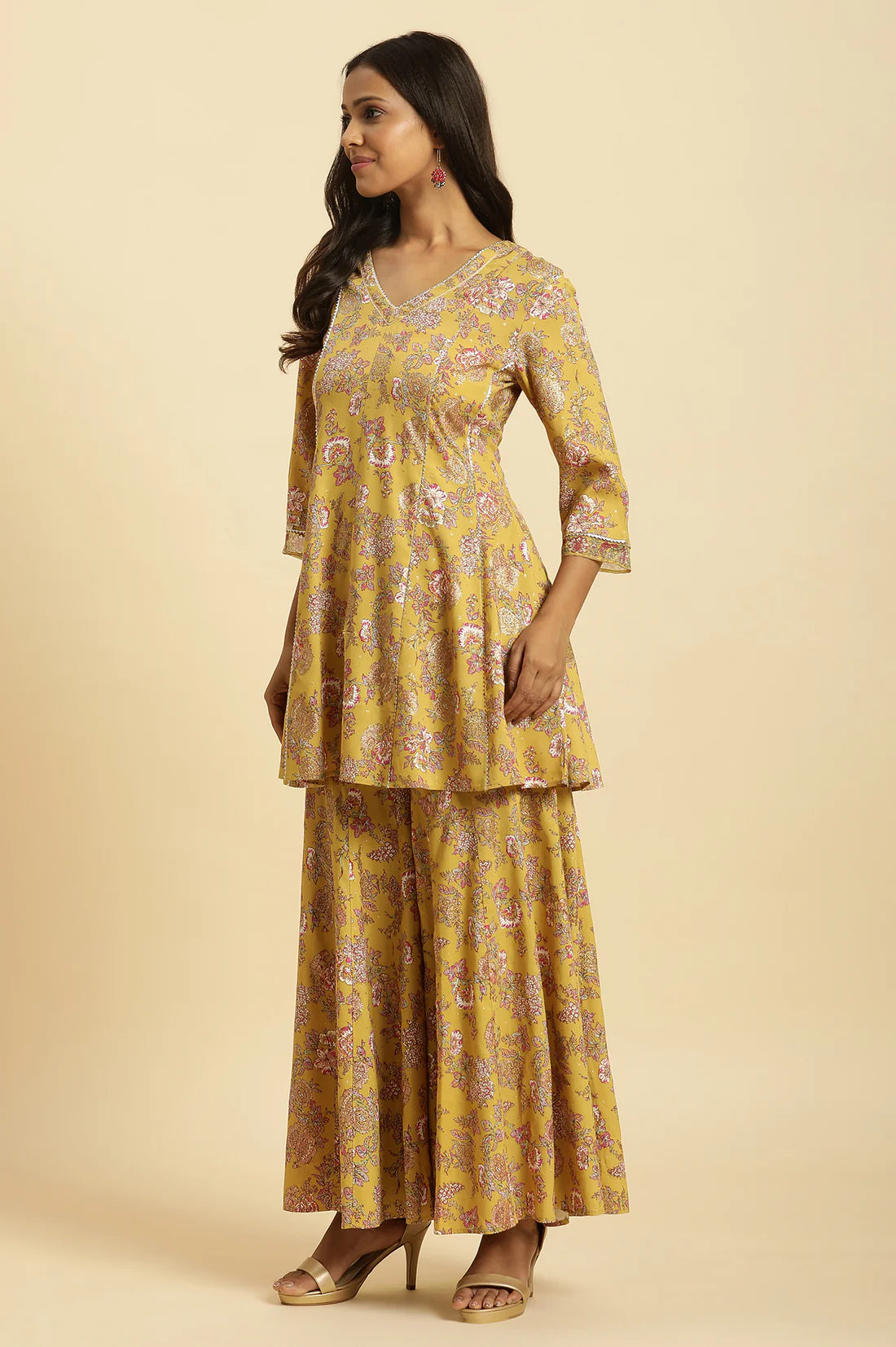 Women Designer Yellow Floral Printed Kurta Sharara Set with Dupatta
