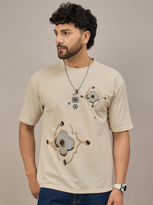 Men’s Oversized Cream Round Neck Drop Shoulder T-Shirt Offering Relaxed Fit for Casual Streetwear Style