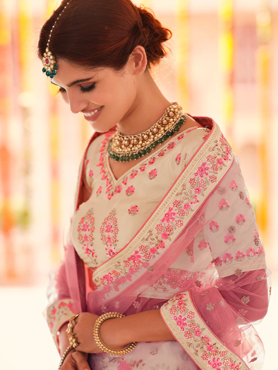 Women Designer Beige Embroidered Crepe Lehenga Semi Stitched with Blouse