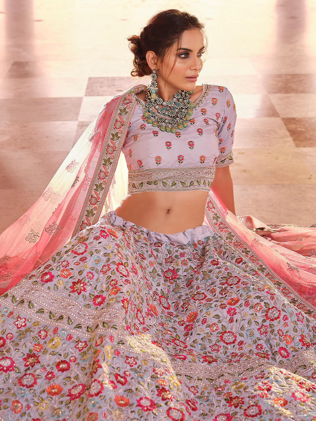 Grey Crepe Semi Stitched Lehenga with Unstitched Blouse Piece for Festive Wear