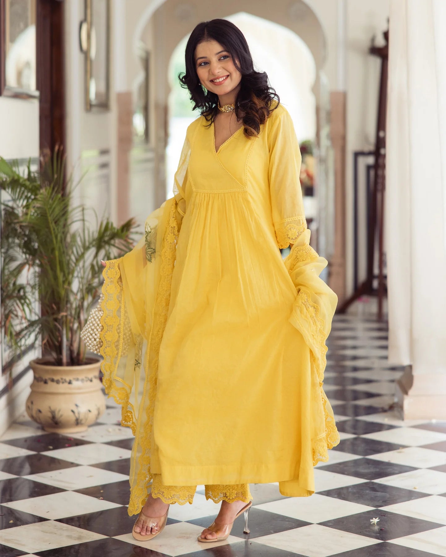 Designer Sakshi Yellow Embroidered Chanderi Anarkali Suit Set with Intricate Detailing