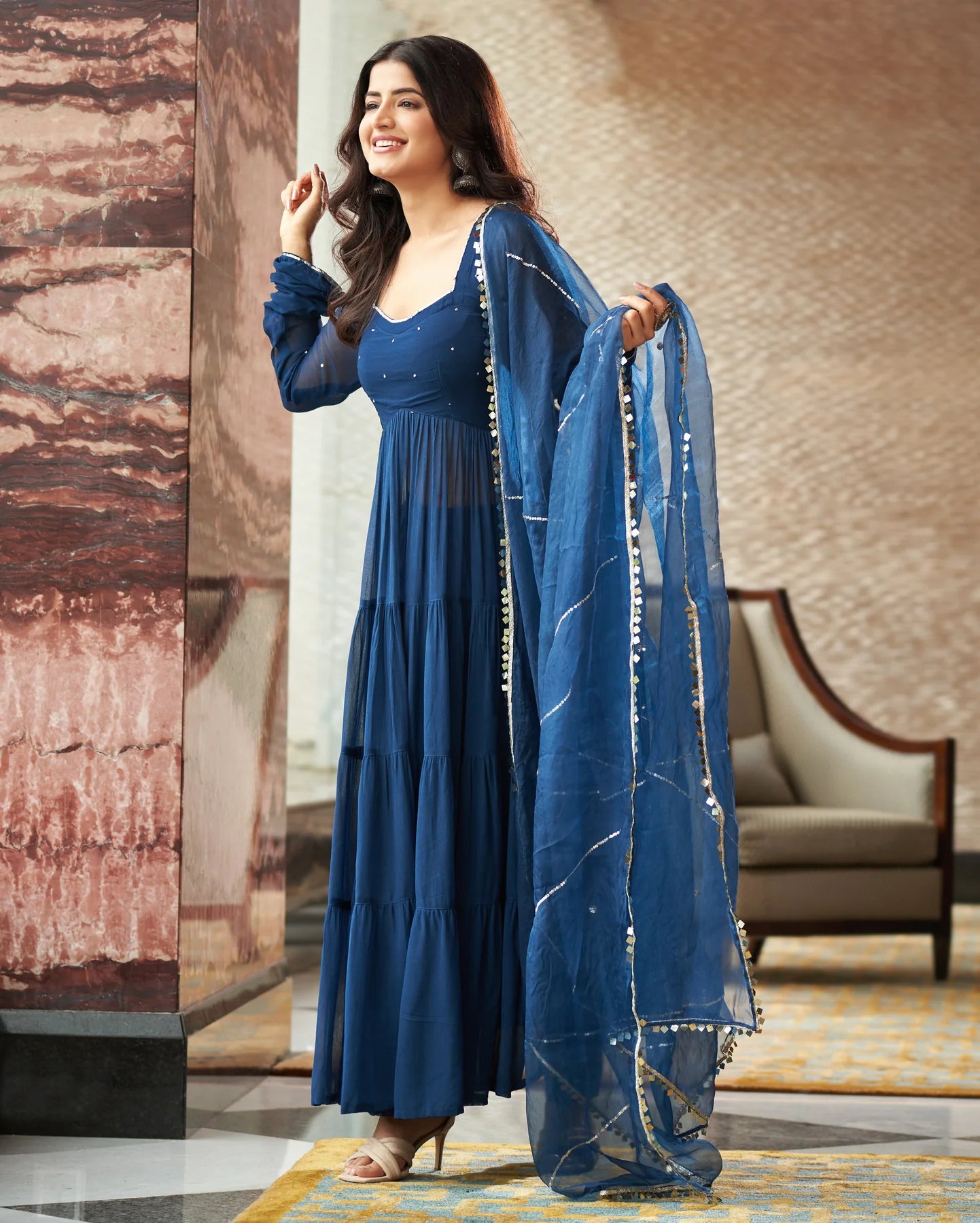 Elegant Aradhna Blue Embroidered Georgette Suit Set with Dupatta for Festive and Wedding Wear