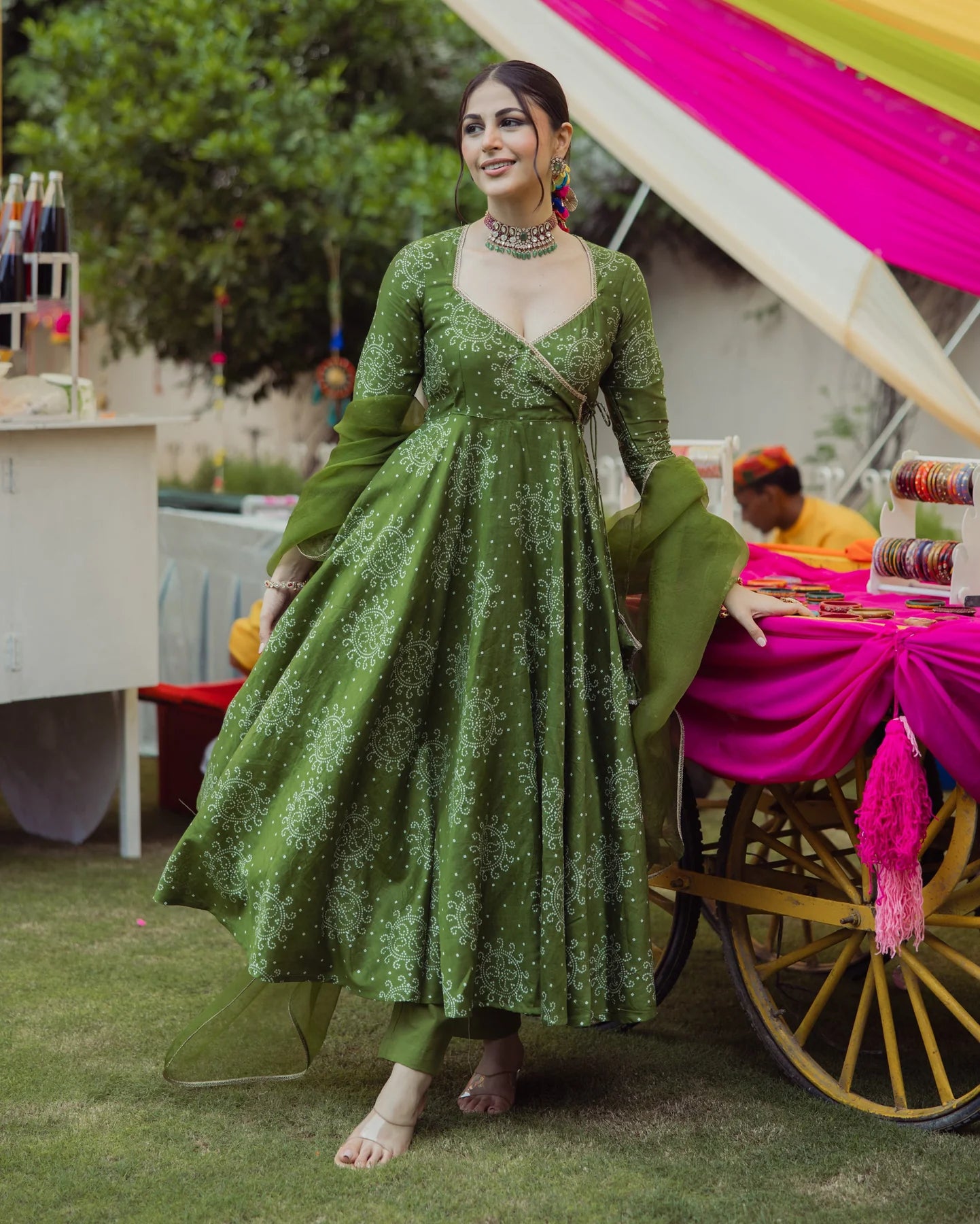 Katha Green Bandhani Chanderi Suit Set with Handcrafted Design for Ethnic Celebrations