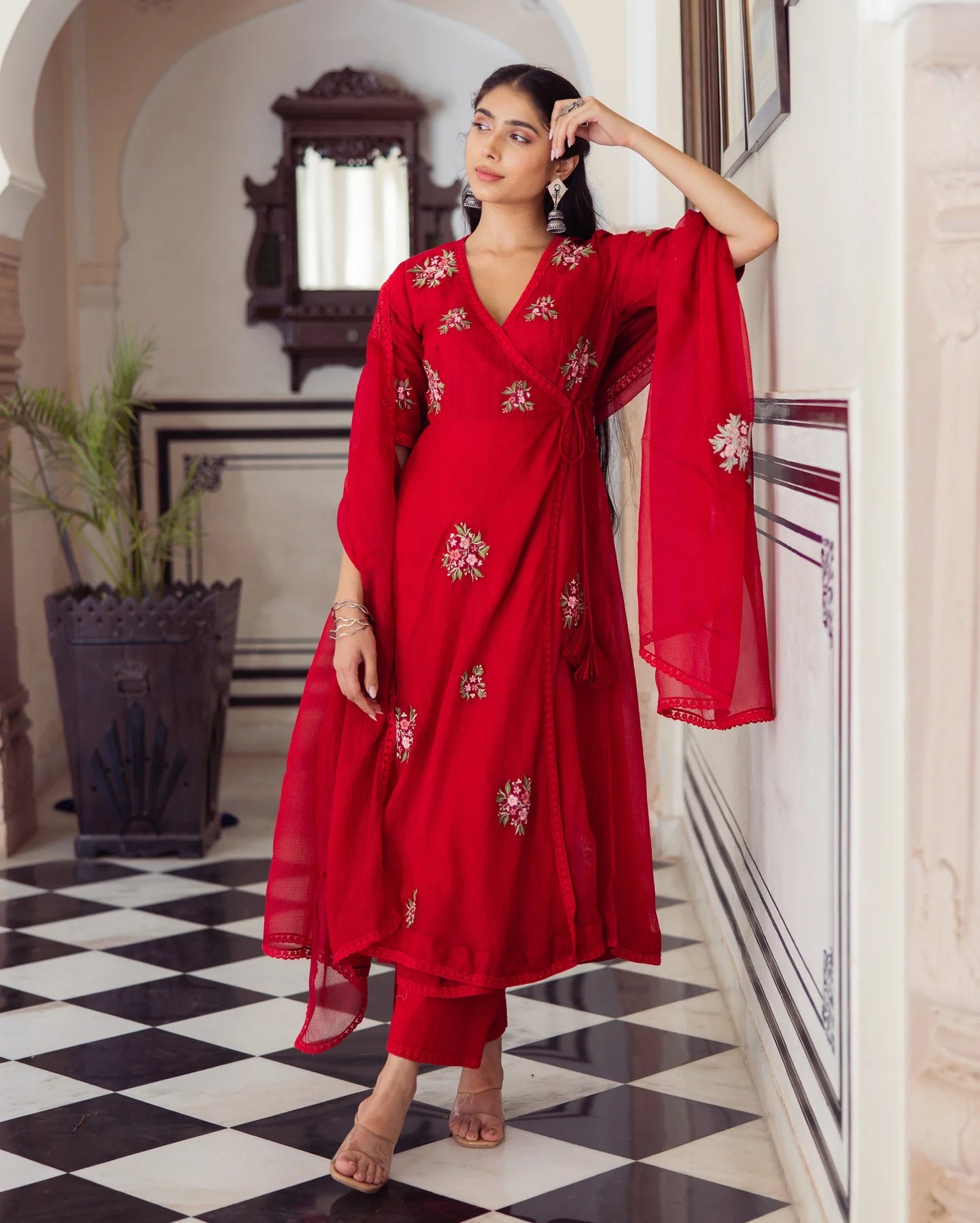 Sophisticated Ruby Red Embroidered Doria Suit Set for Women’s Festive and Wedding Wardrobe