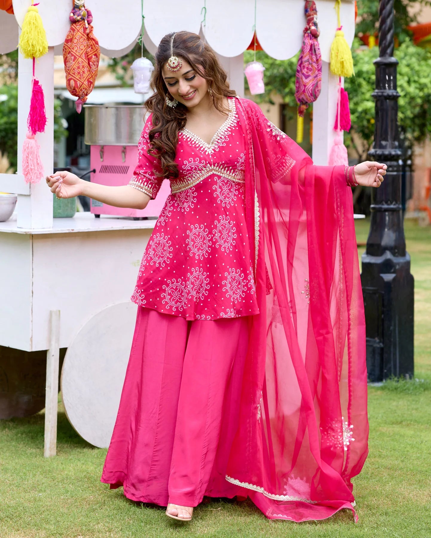 Charming Pink Bandhani Crepe Suit Ensemble with Dupatta for Weddings, Parties and Special Occasions