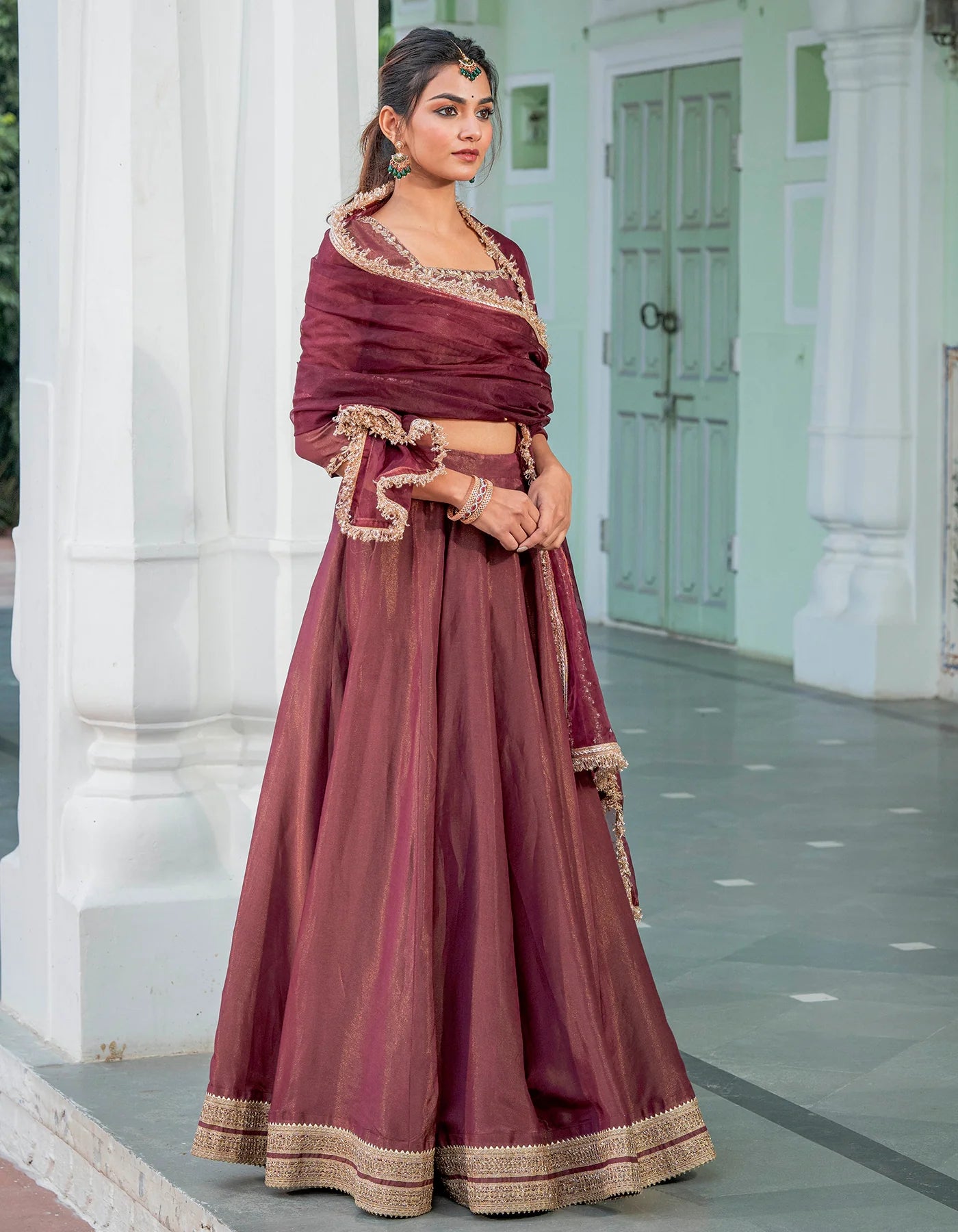 Premium Wine Tissue Lehenga Set with Kalidaar Design